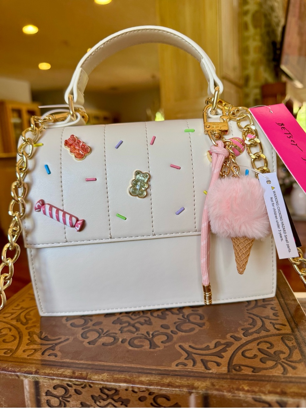 Betsy Johnson White Candy Embellished Top-Handle Bag with Gold Chain